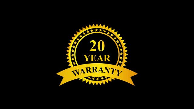 Golden 20 year warranty badge with ribbon on black background, premium quality guarantee label, certification seal, quality assurance, product guarantee seal, metallic gold warranty