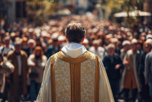 Priest procession crowd city sunlight gold white vestment ceremony faith Peaceful priest