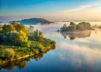 Fototapeta premium Distant view of Dnipro river with misty morning fog gently lifting