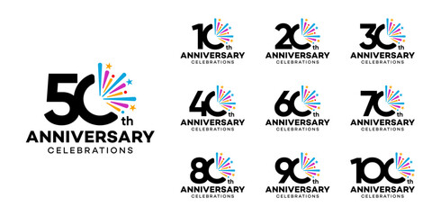Set of a 10 to 100th Anniversary logotype design with colorful explosion vector illustration. Symbol icon for celebration moment, wedding, greeting card, and invitation.