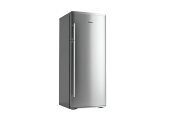 Silver, modern refrigerator standing against black backdrop