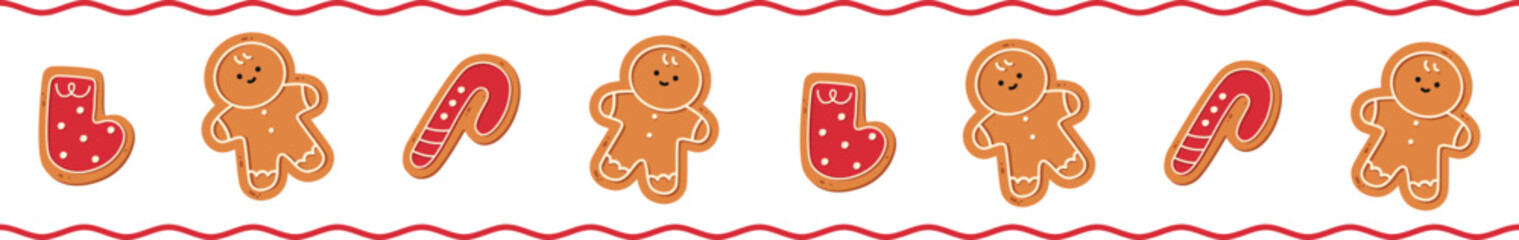 Christmas Border Gingerbread Sock Ribbon and Mistletoe Decoration Illustration