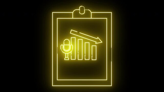 Neon clipboard displays a microphone graph bars and a falling arrow