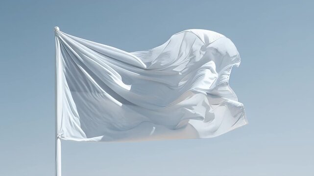 White flag waving in wind against clear pale sky blank banner mock up