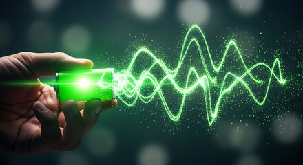 Hand holding glowing green energy cube emitting electric waves in dark space, symbolizing innovation and technological advancement.