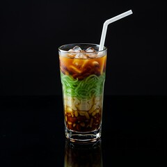  a tall glass of Es Cendol (sweet iced dessert) on a black reflective surface. The layers of green cendol jelly, red beans, shaved ice, and brown palm sugar syrup are clearly visible. Condensation for