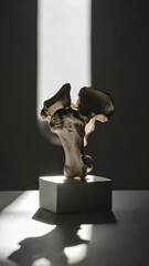 Abstract bone sculpture under a spotlight, evoking shadows and dramatic mood