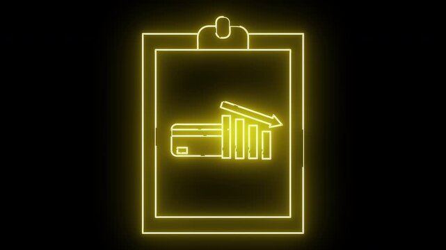 Neon clipboard icon with a credit card bar graph and downward arrow