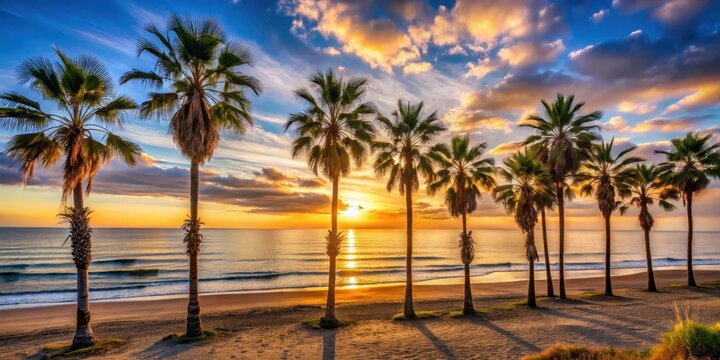 Warm sunlight filtering through palm trees on Petrucci beach at sunset