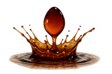 Coffee liquid splash crown forming droplet shape, creating ripples on brown fluid, transparent background
