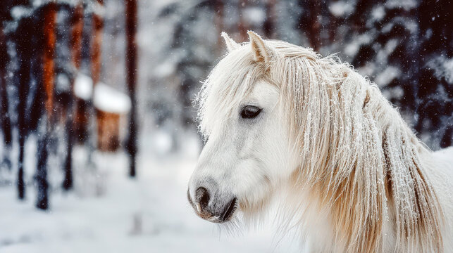 White andalusian horse in winter close-up with frost crystals on muzzle