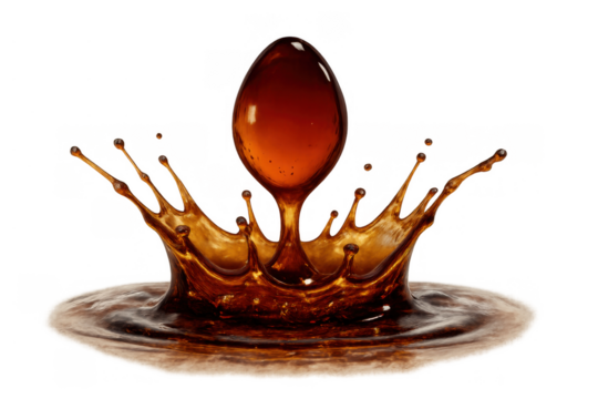 Coffee liquid splash crown forming droplet shape, creating ripples on brown fluid, transparent background