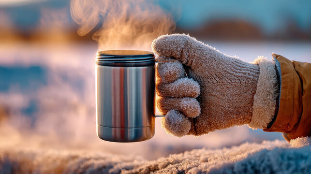 Winter warmth: gloved hand holding steaming thermos cup outdoors in snowy landscape - Powered by Adobe