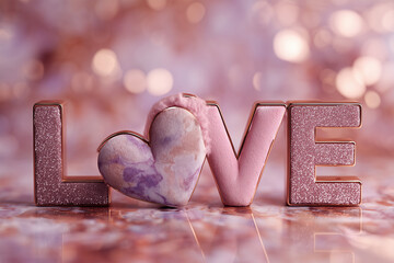 Floating hearts create the word Love on a deep rose marble background, forming a romantic scene perfect for Valentines Day or special love occasions that capture heartfelt emotions