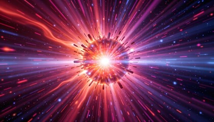 Naklejka premium Vibrant Cosmic Explosion with Radiant Light Bursting in a Colorful Space Background
