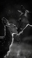 Monochrome depiction of a tender moment, a deer mother lovingly licks her wet fawn in a soft rainfall