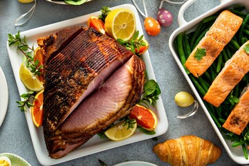 Festive ham and salmon feast with citrus and herbs
