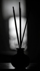 Incense sticks dramatic silhouette against soft light in contemplative setting