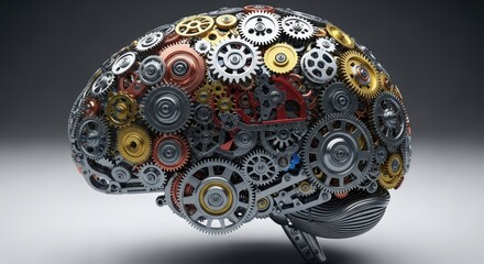 Obraz premium A complex mechanical brain composed of intricate gears and cogs, symbolizing thought processes and intelligence.
