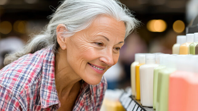 Senior woman selecting shampoo medium close-up through shelf in store shopping experience