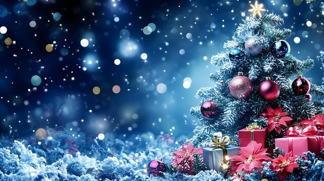 A charming Christmas tree adorned with colorful ornaments and lights stands amidst a wintry backdrop