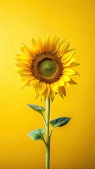 Obraz premium Sunflower bulb on bright yellow background with single flower opening