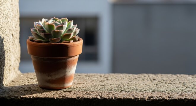 A small succulent plant in a terracotta pot sits on a sunlit concrete ledge with a blurred background.