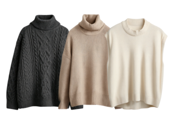 Three cozy, neutral-toned, knit sweaters