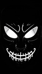 Mysterious glowing mask with stitched mouth in dark monochrome photography