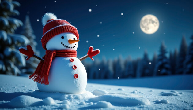 Winter snowman under moonlit sky with scarf and hat amid snowy forest for holiday cheer and festive inspiration