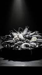 Dramatic monochrome still life featuring a seafood platter with stark lighting