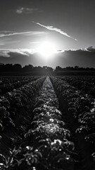 Dramatic Black and White Potato Field Plantation Landscape at Twilight