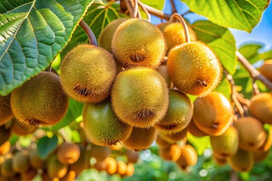 Bunch of green and yellow kiwi fruit hanging from a tree
