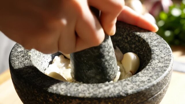 Crushing Garlic Cloves With Mortar and Pestle for Cooking