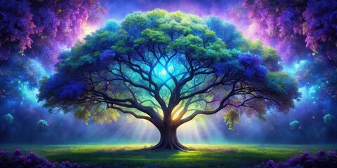 A vibrant tree stands tall with its branches glowing softly in shades of blue and purple