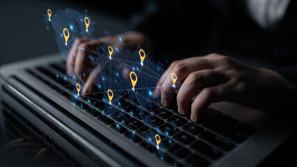 Concept of a global logistics network with location pins on a world map. This represents an international supply chain and distributed business locations for worldwide reach. Fermion