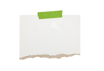 Torn white paper sheet with green tape isolated on a white background.