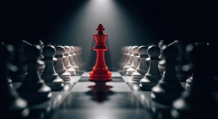 Naklejka premium A red chess king stands prominently on a chessboard, illuminated by a spotlight, surrounded by numerous grey chess pieces, symbolizing leadership and strategy.
