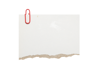 Torn white paper sheet with red paperclip isolated on white background, ripped textured note for messages, Recycled paper craft stick on a white background.