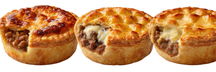 Three savory meat pies with crust and cheesy filling