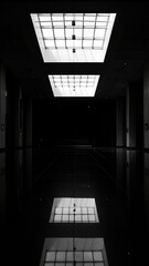 Illuminated voids: A minimalist atrium featuring rhythmic square skylights and reflective floors