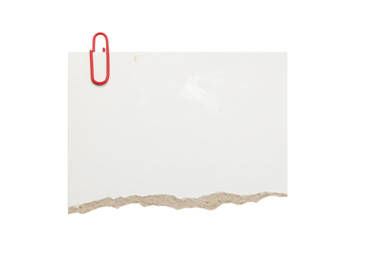 Torn white paper sheet with red paperclip isolated on white background, ripped textured note for messages, Recycled paper craft stick on a white background.