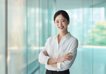 Confident professional woman smiling in modern office environment with natural light.