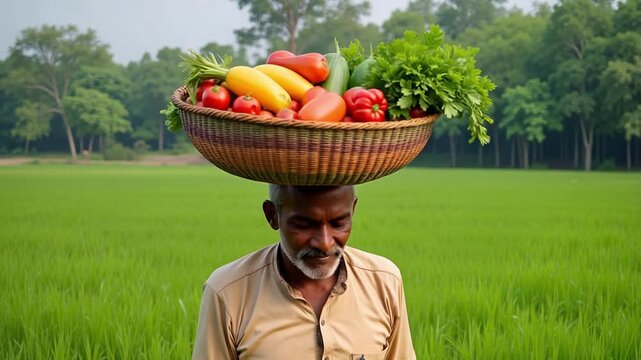 Vibrant India farming life a farmer balances a basket of fresh produce for market, showcasing rural culture and sustainable agriculture in 4k.