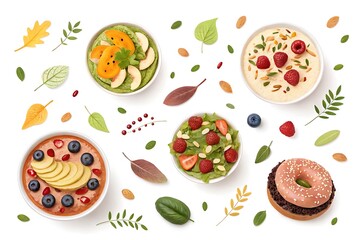 White background with four bowls of food on it