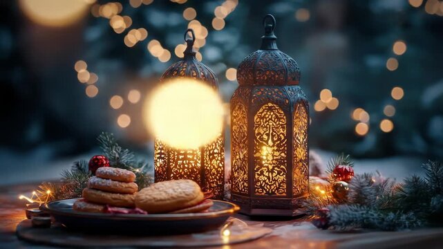 Festive lanterns & cookies glow in a warm, inviting, holiday setting