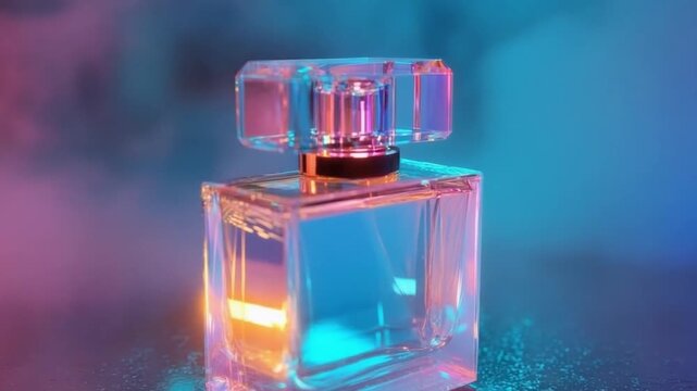 Perfume bottle with colorful background: A transparent glass perfume bottle with a modern design sits elegantly against a vibrant, blurred background of pink and blue hues.