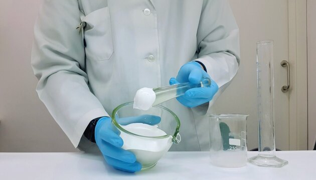 Pharmacist compounding ointment in a laboratory mixing ingredients