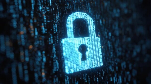 Digital Security Symbol: An illuminating padlock icon, composed of vibrant lines, underscores the crucial concept of digital safety and data protection in the cyber realm. 
