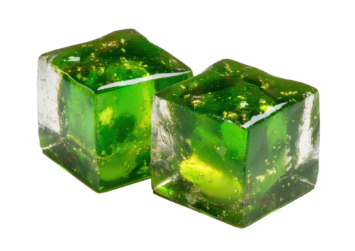 Two green jelly cubes with yellow inclusions and gold flakes